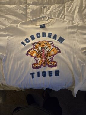 Billionair B Icecream White Tee with Blue Lettering & Orange Purple Tiger